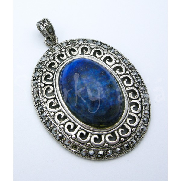 Postříbřený přívěsek lapis lazuli a markazity ovál velký Přívěsky Postříbřený přívěsek lapis lazuli a markazity ovál velký Přívěsky