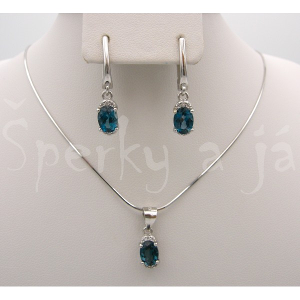 Stříbrná souprava náušnice přívěšek London topaz a zirkony ovál Soupravy šperků