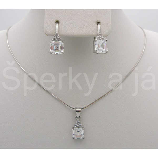 Stříbrná souprava přívěšek náušnice zirkon čtverec | SPERKYAJA.CZ