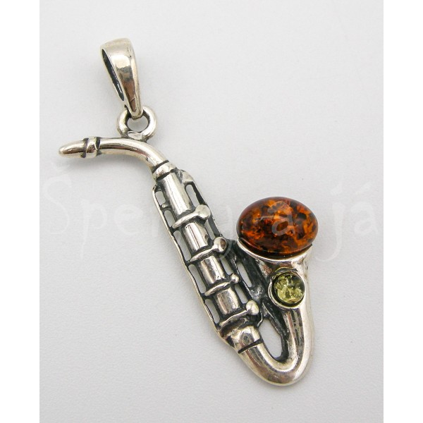 Stříbrný přívěšek jantar dvojbarevný saxofon  Přívěšky